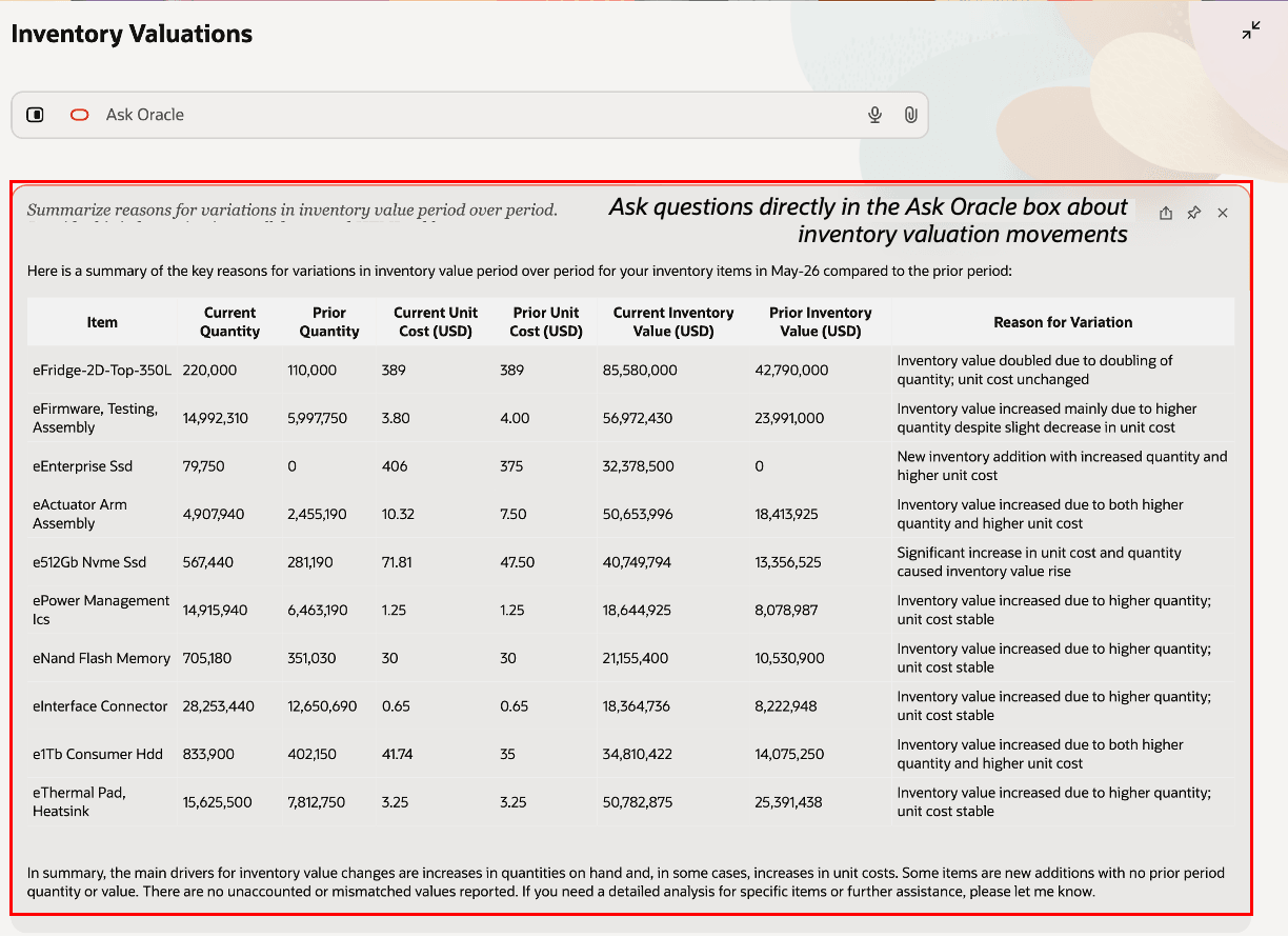 Ask Oracle example: Summarize reasons for variations in inventory value between current and prior period