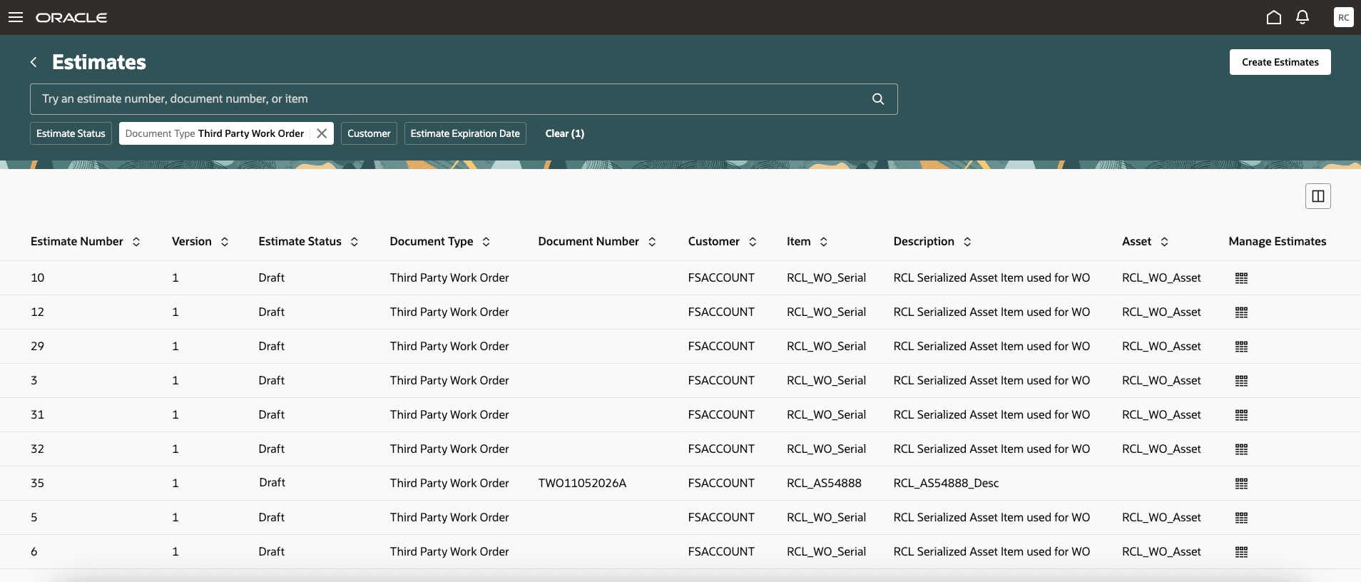 Estimates Search List - Draft