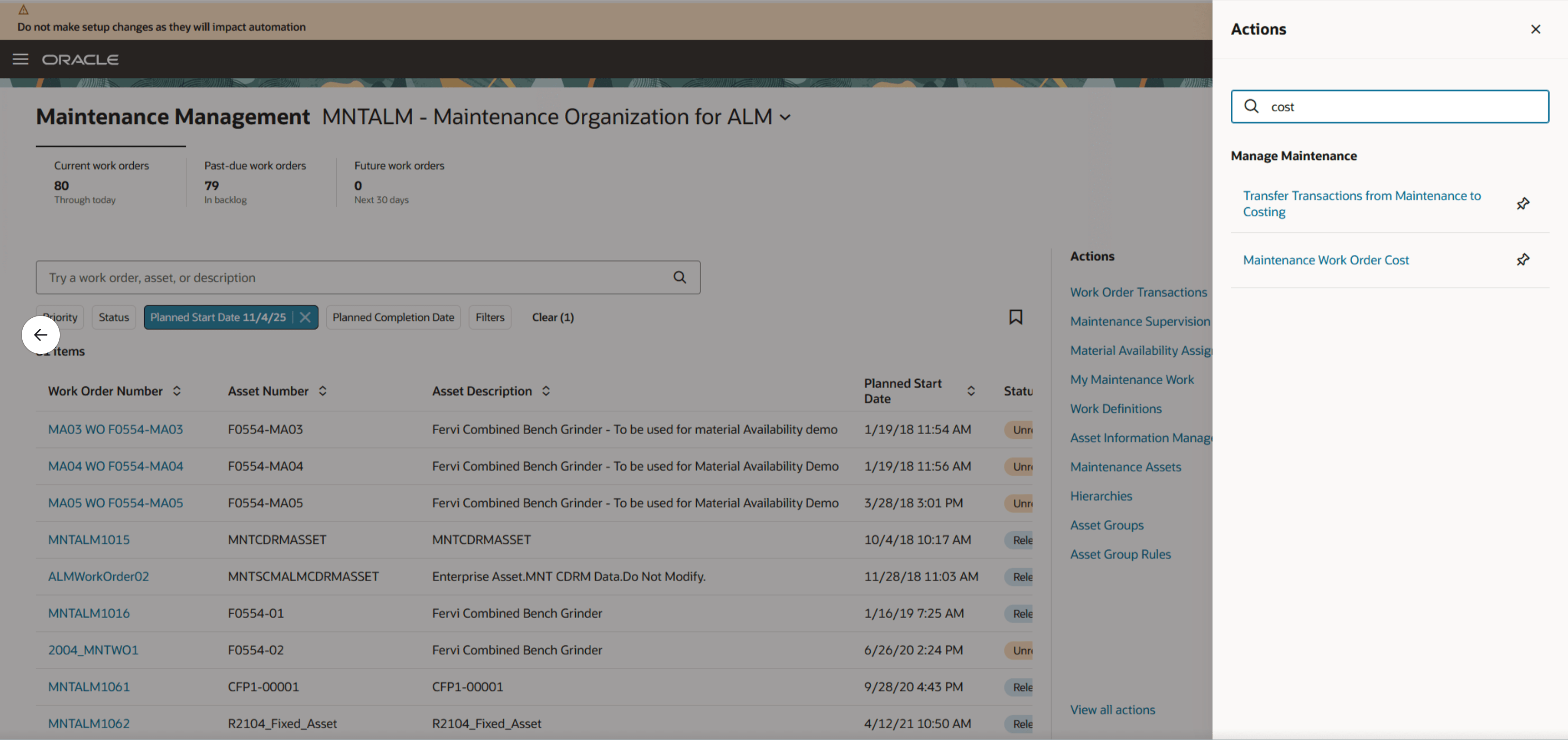 Maintenance Management landing page with the new action to Maintenance Work Order Cost page