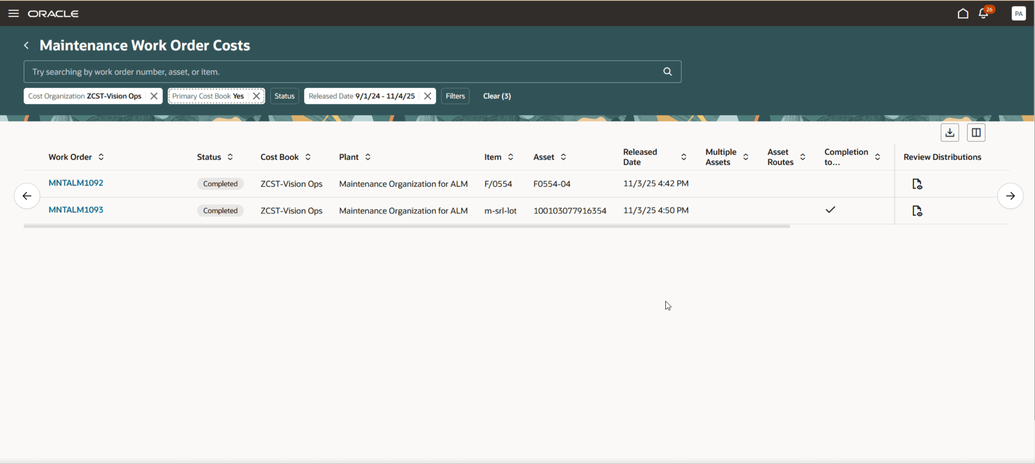 Screenshot showing the Maintenance Work Order Costs page