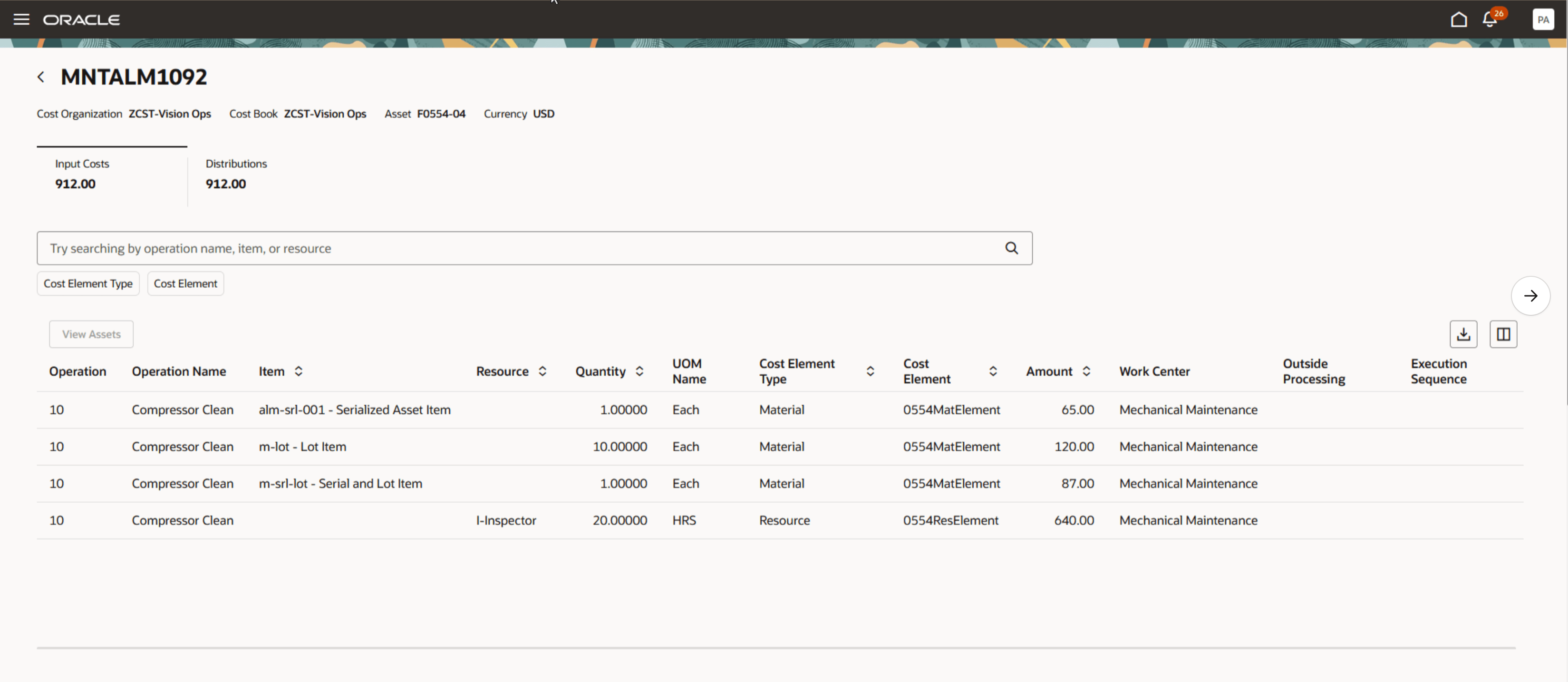 Work order cost details for selected work order showing Input Costs and Distributions 