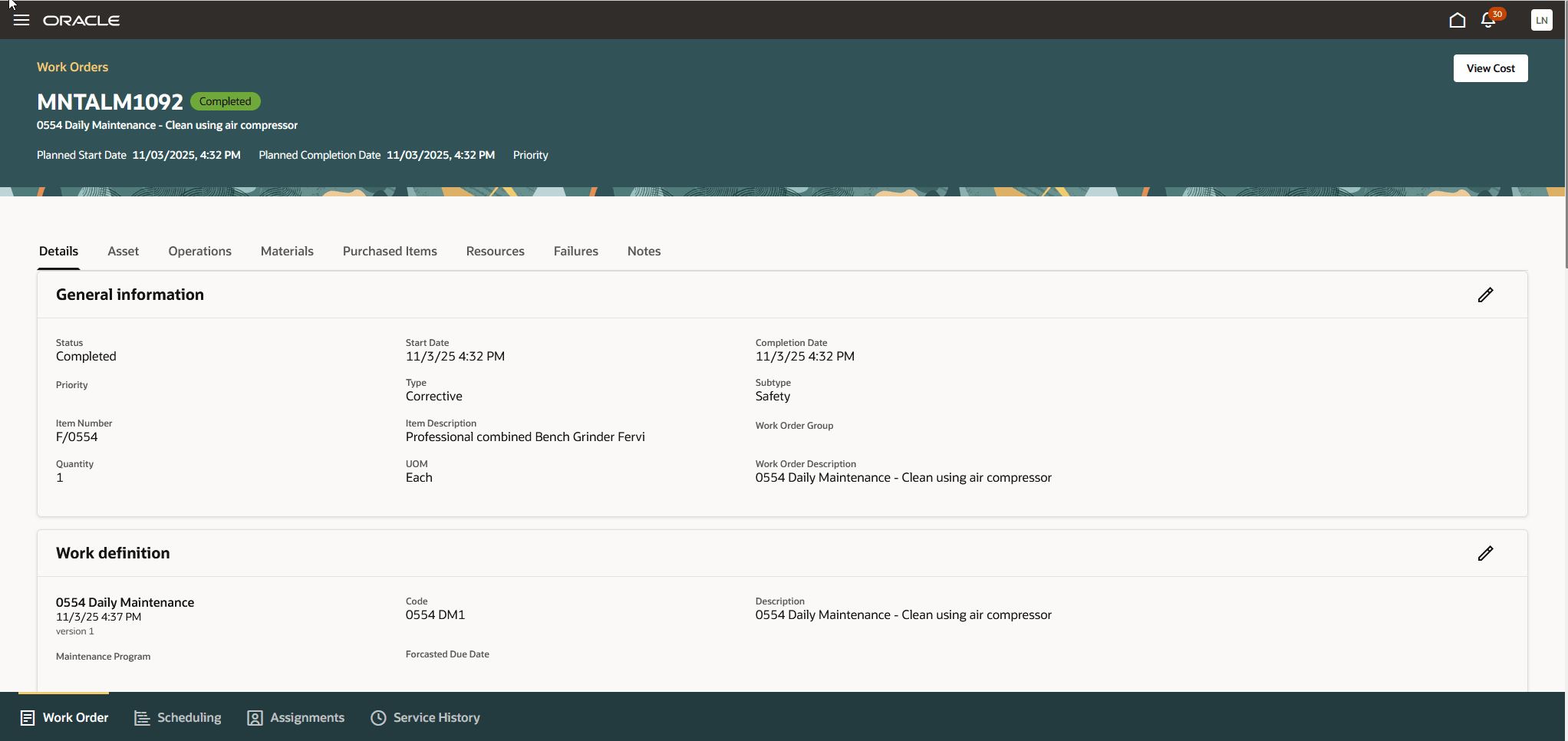Maintenance Supervision showing new button to navigate to View Cost