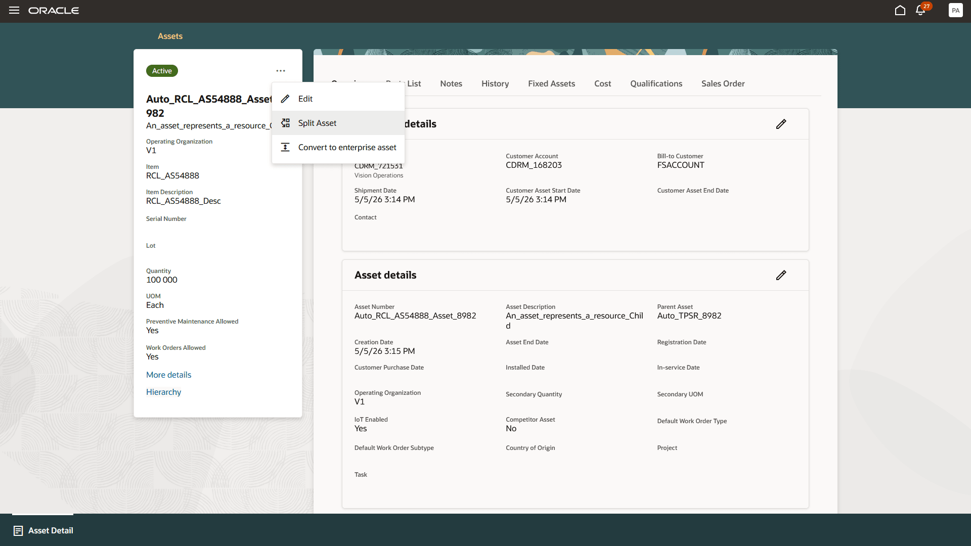 Split nonserialized assets