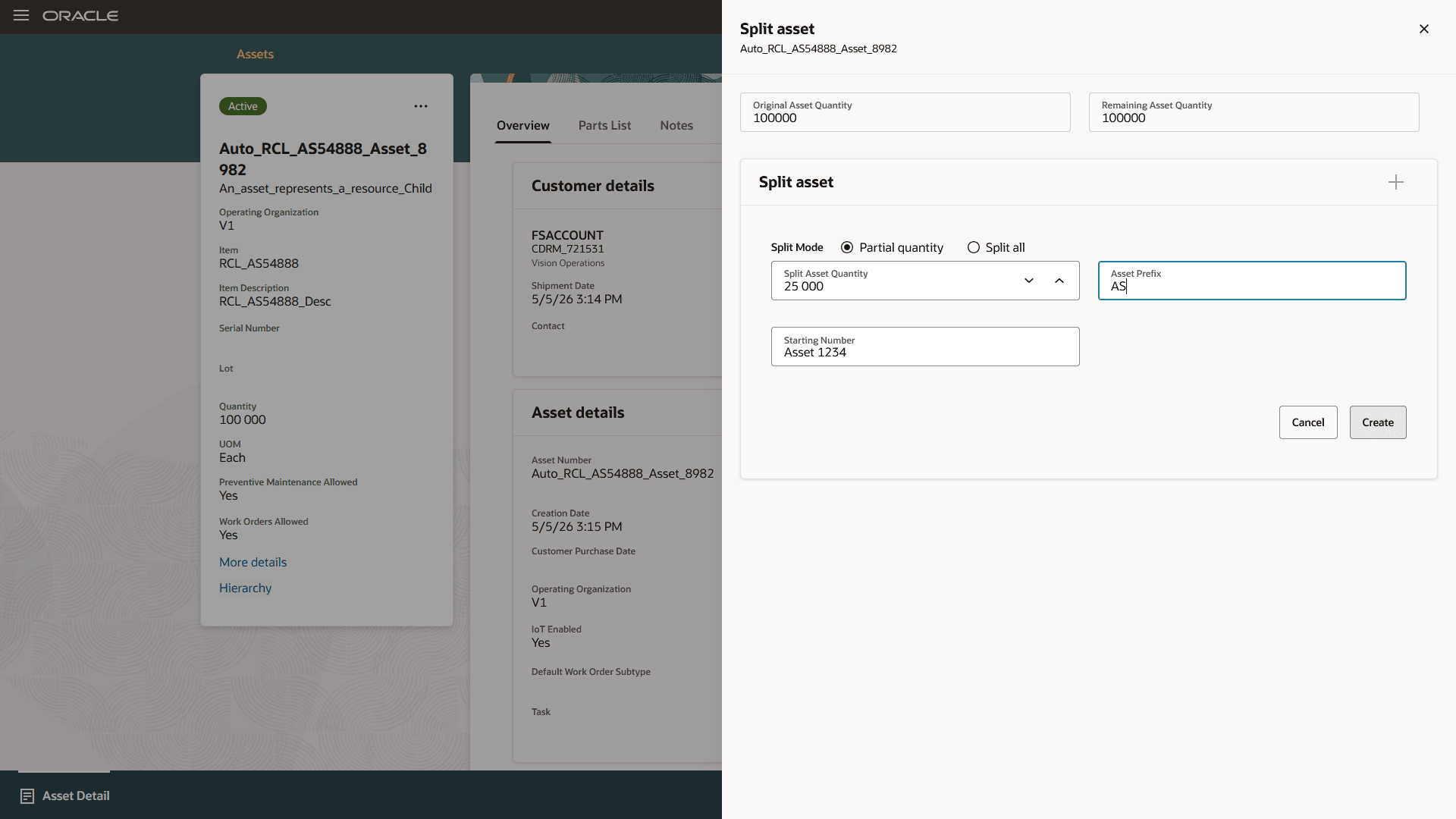 Split nonserialized assets - Partial quantity