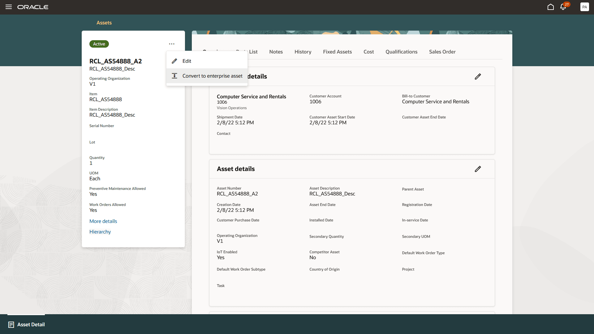 Convert customer asset to enterprise asset