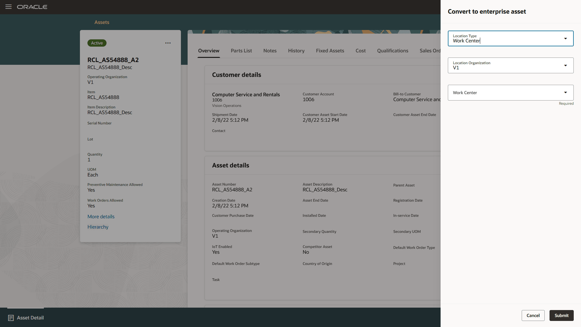 Convert customer asset to enterprise asset - details
