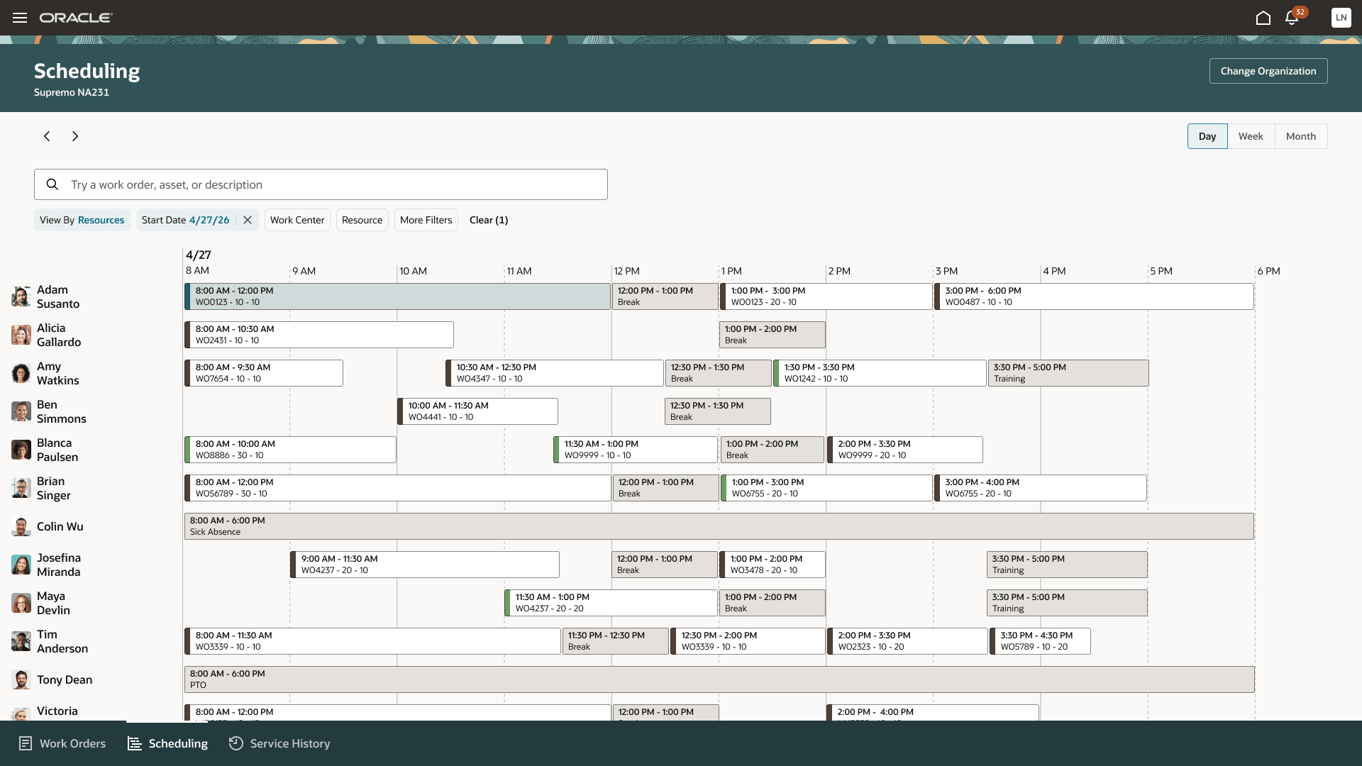 Resources view in Scheduling tab in Maintenance Supervision