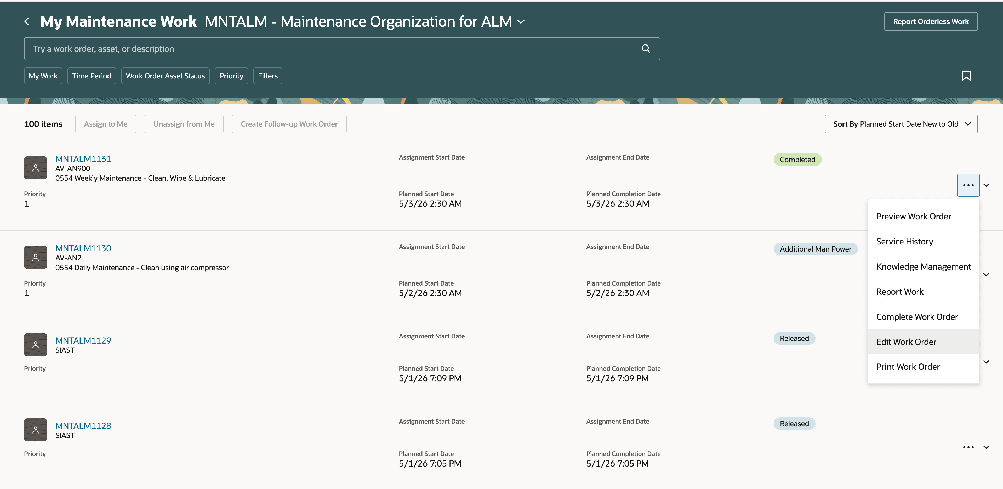 New Edit Work Order action in My Maintenance Work