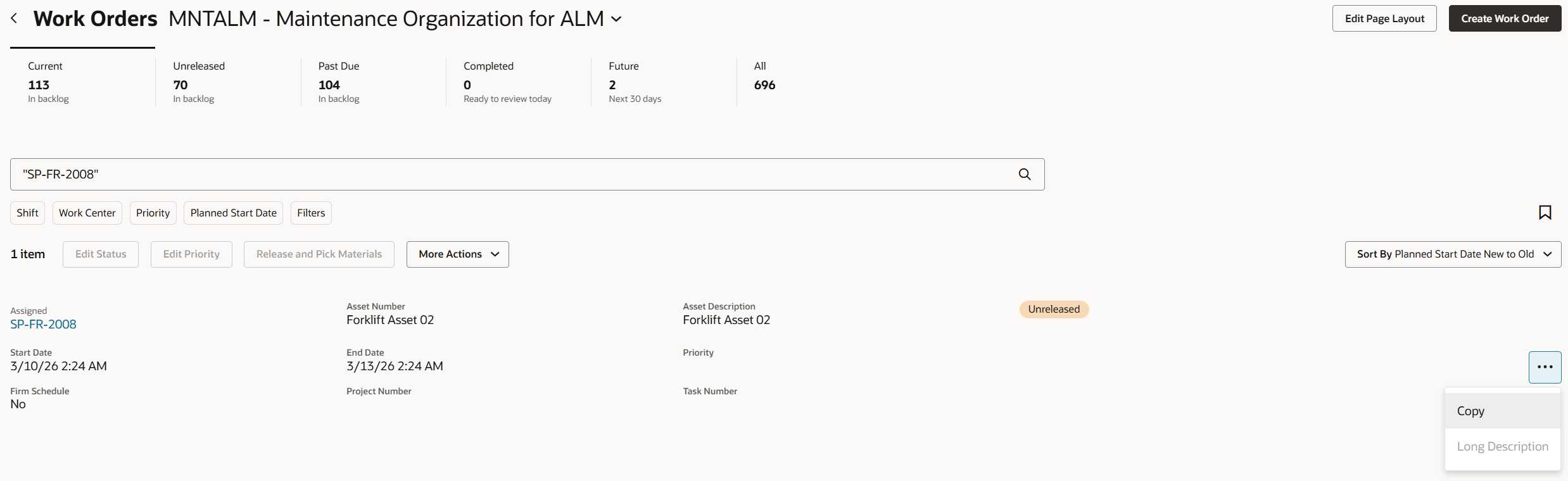 New action to copy a work order from the Manage Work Orders page