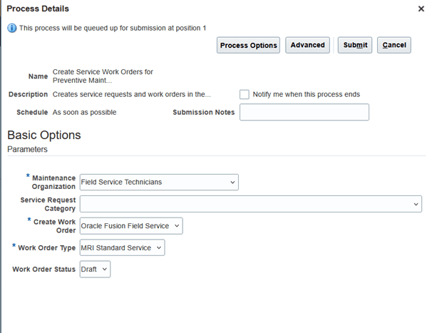 Create Service Work Orders for Preventive Maintenance ESS Job