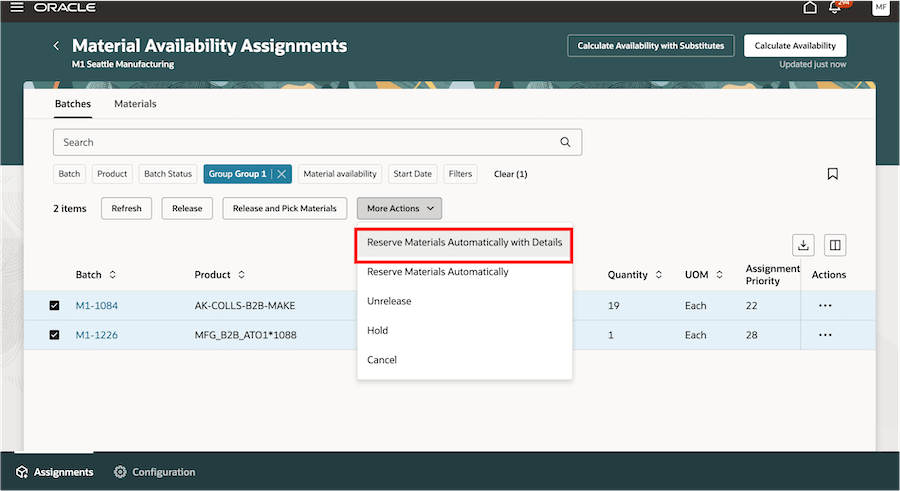 Detailed reservation from Material Availability Assignments