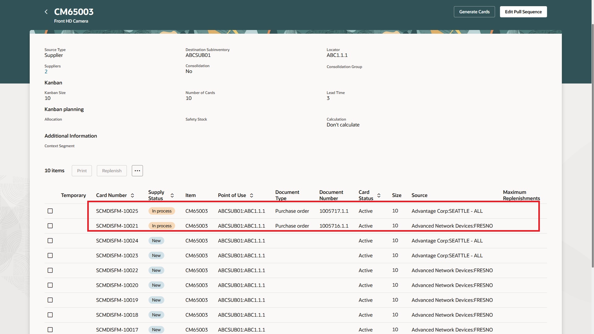 Kanban cards and replenishment documents for multiple suppliers