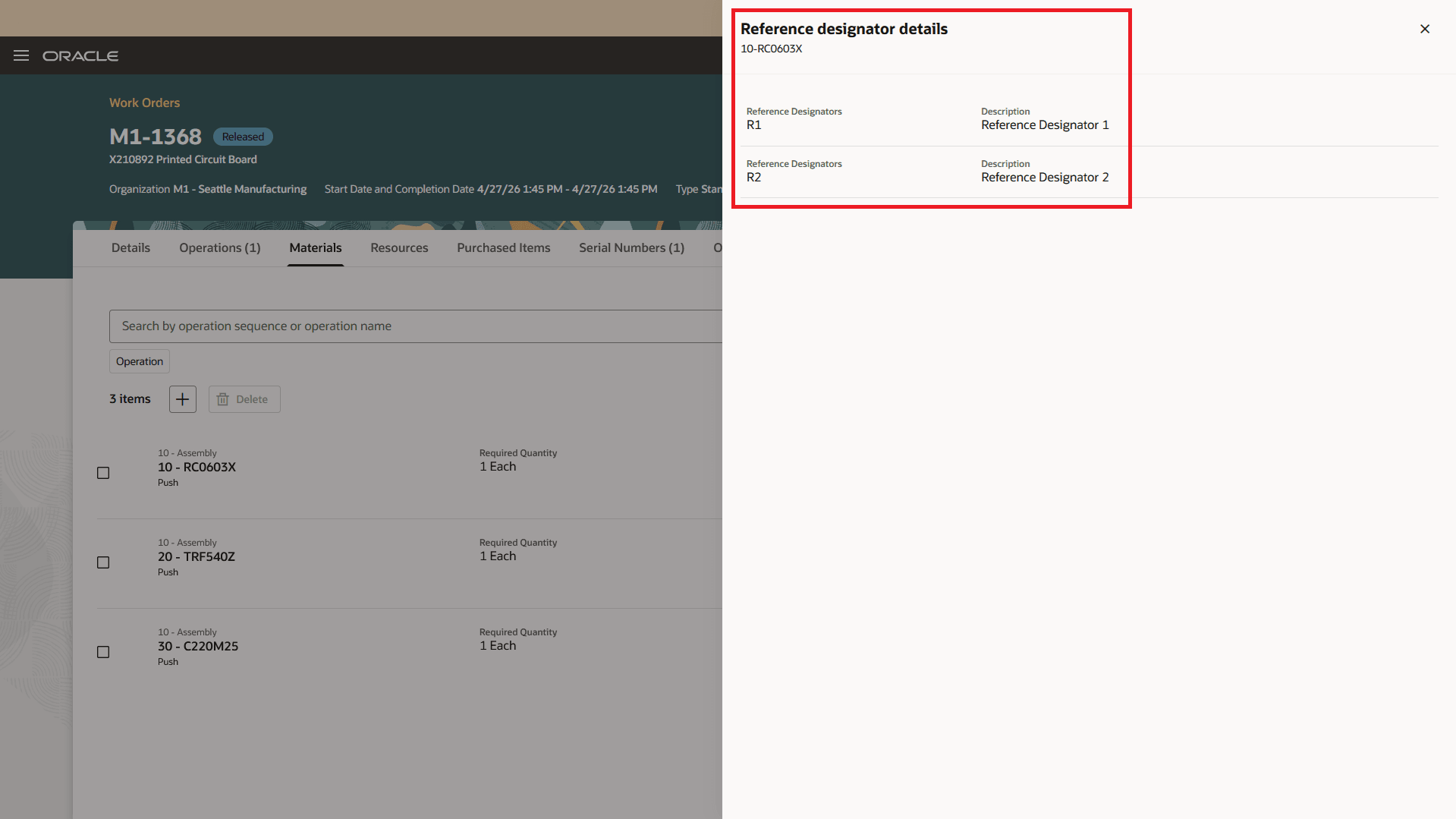 View Reference Designators for a Work Order Operation Material