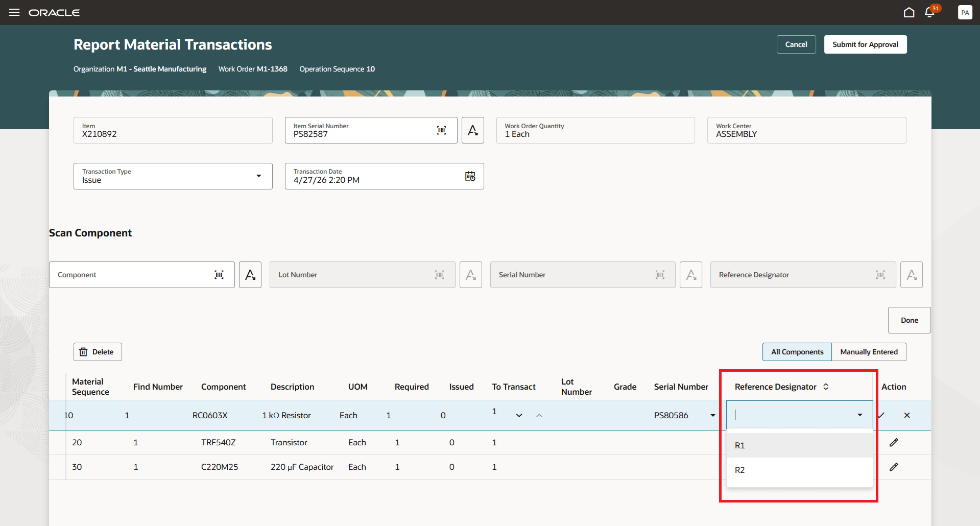 Enter a Reference Designators while Report Material Transactions
