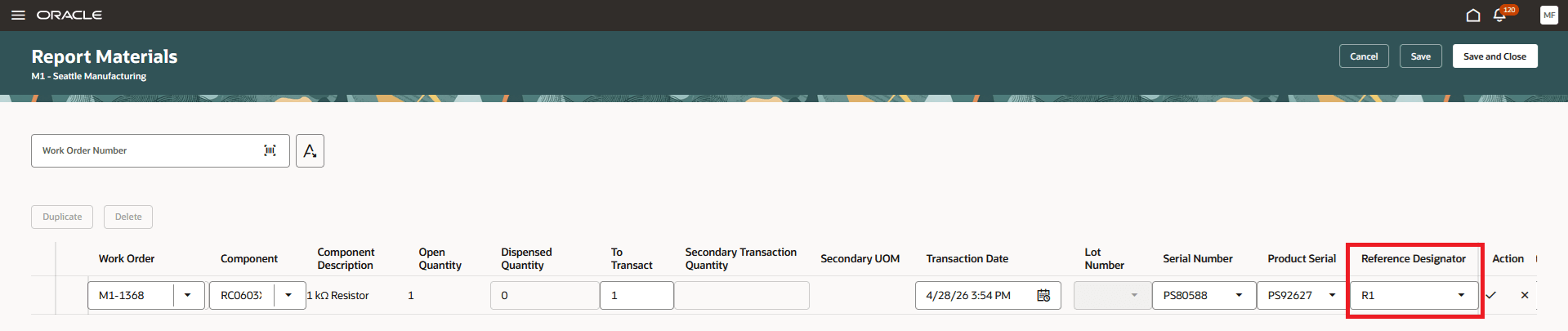 Enter a Reference Designator while Reporting a Material Transaction Post Production