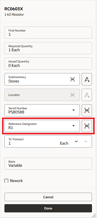 Enter a Reference Designator while Reporting a Material Transaction using a Handheld Device