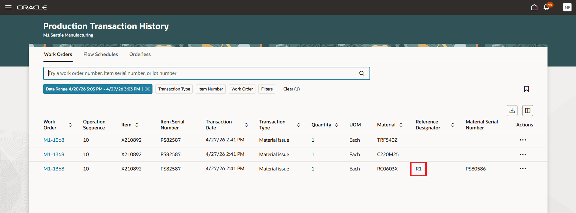 View Reference Designators in Production Transaction History
