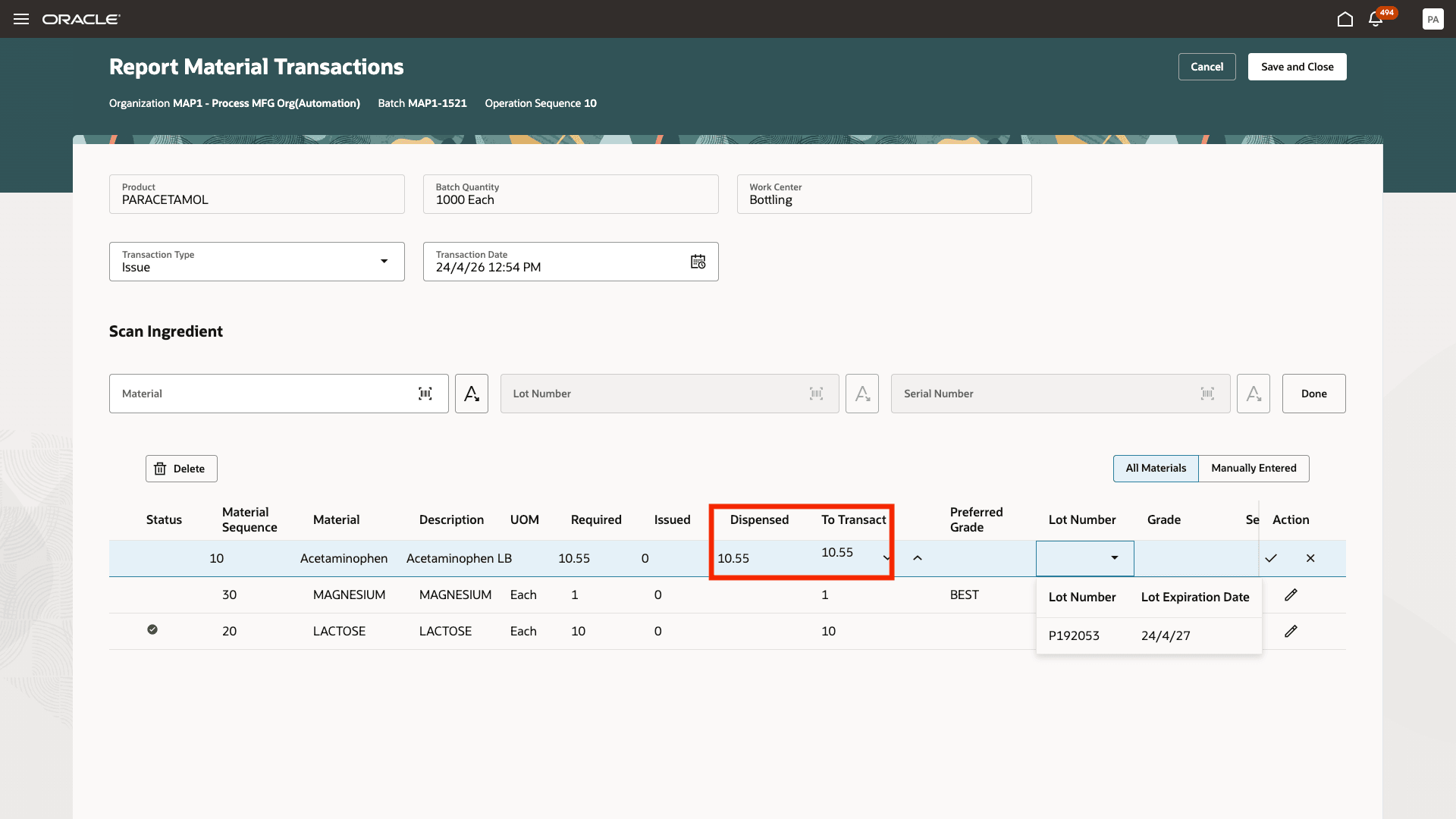 Report material transaction shows dispensed quantity and lot number information.
