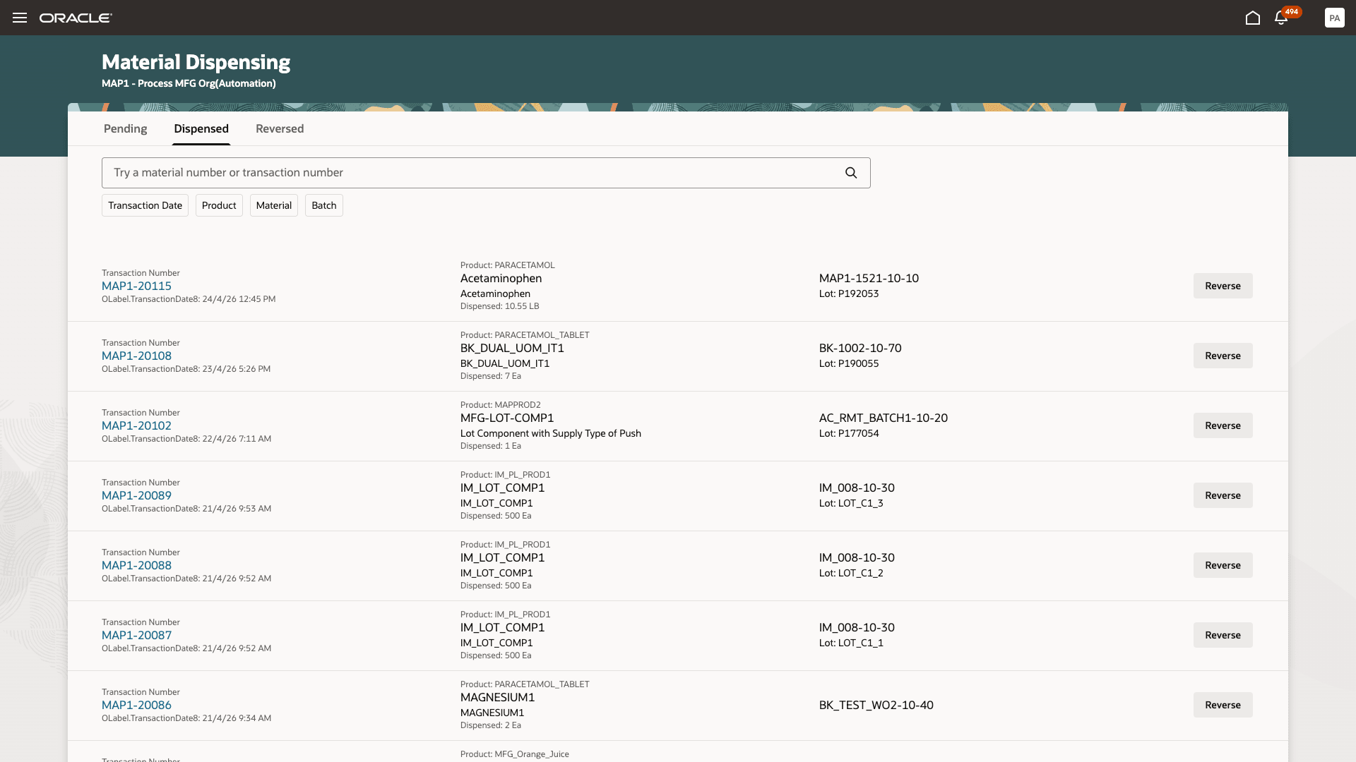 Dispensed transaction history