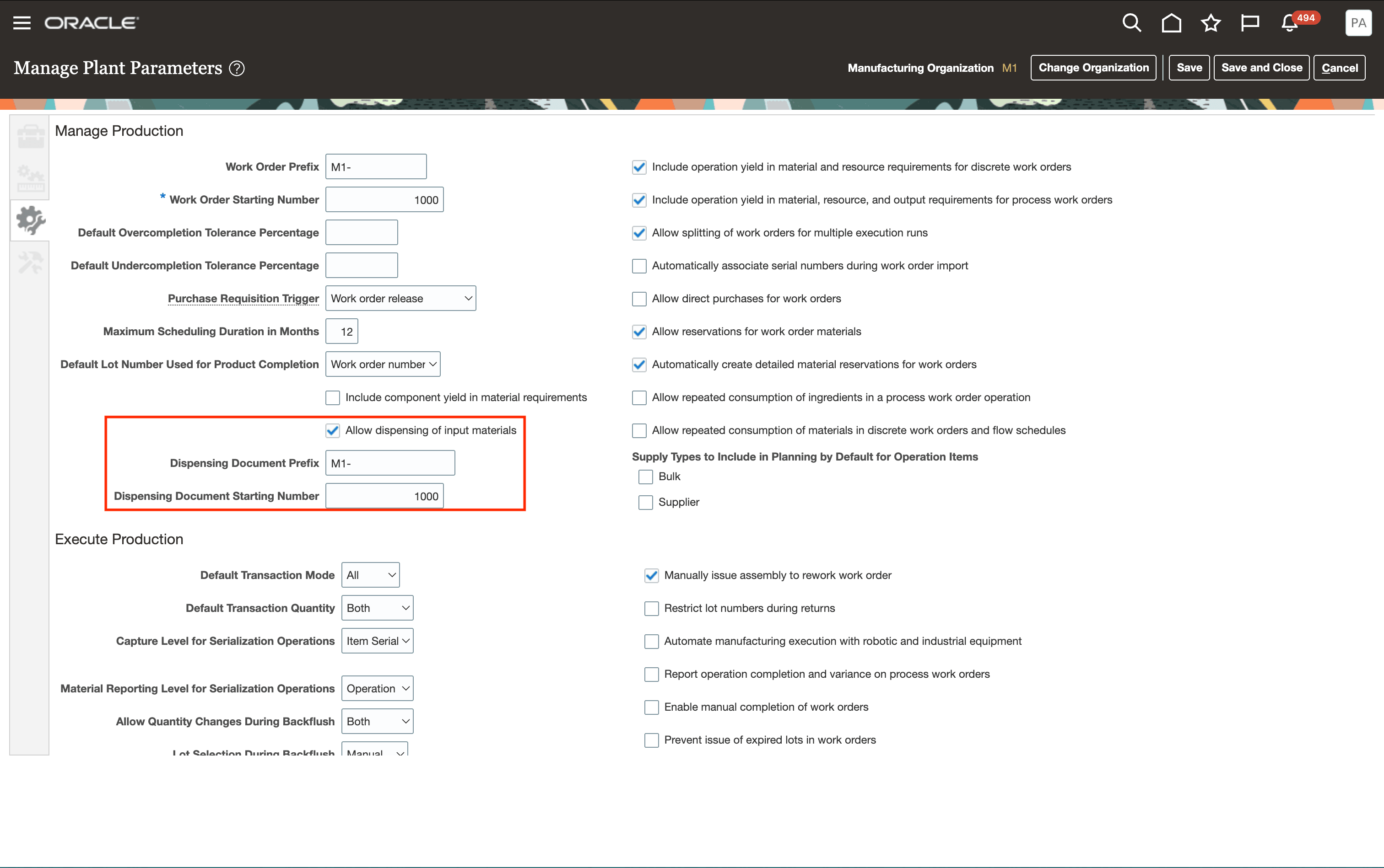 Enable dispensing feature from plant parameters page