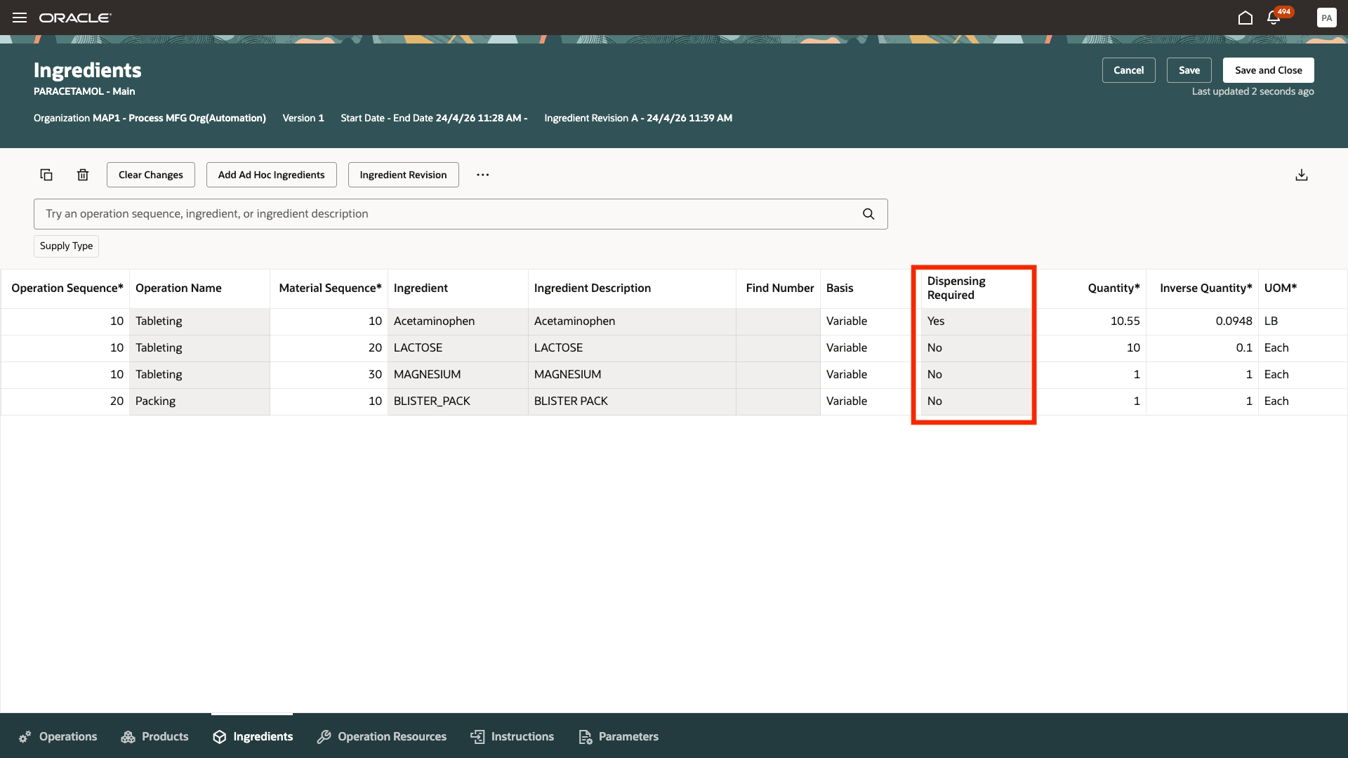 New indicator in the recipe (work definition) page