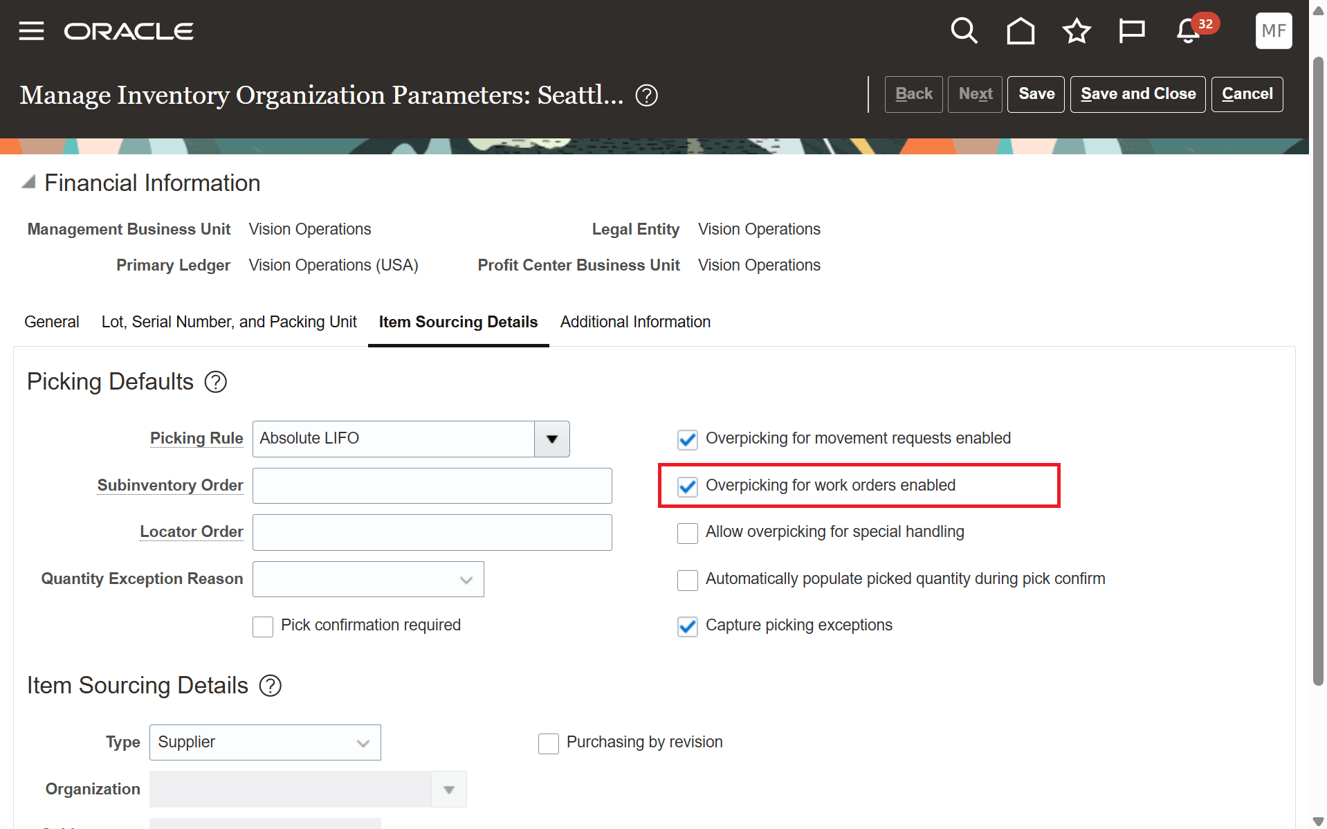 Enable Inventory Organization Parameter - Overpicking for work orders enabled