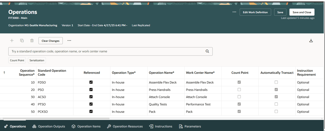 Work Definition Operations tab