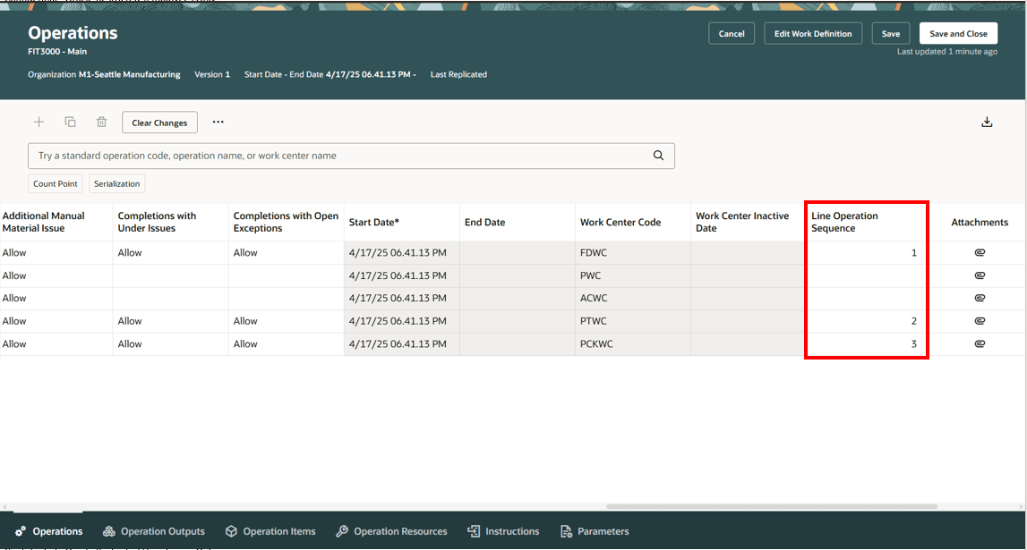 Work Definition Operations with Line Operation Sequence