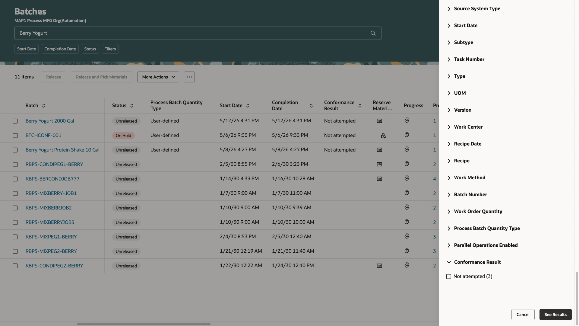 Search by conformance result in Batches page