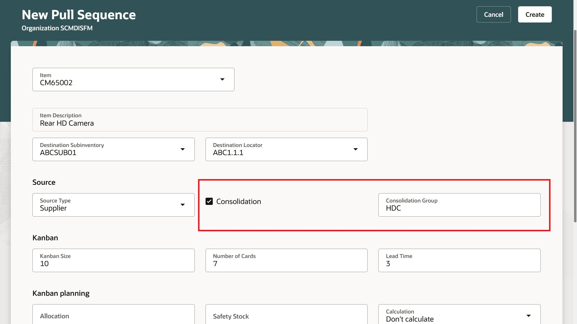 Pull sequence setup for replenishment order consolidation