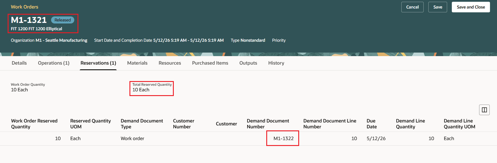 Work Order Product Reserved to Work Order Operation Material