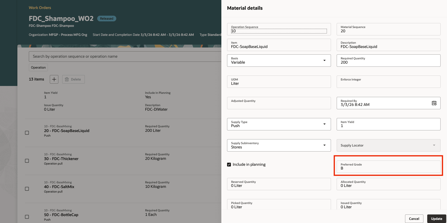 Review Work Order or Batch Material Lines Before Execution
