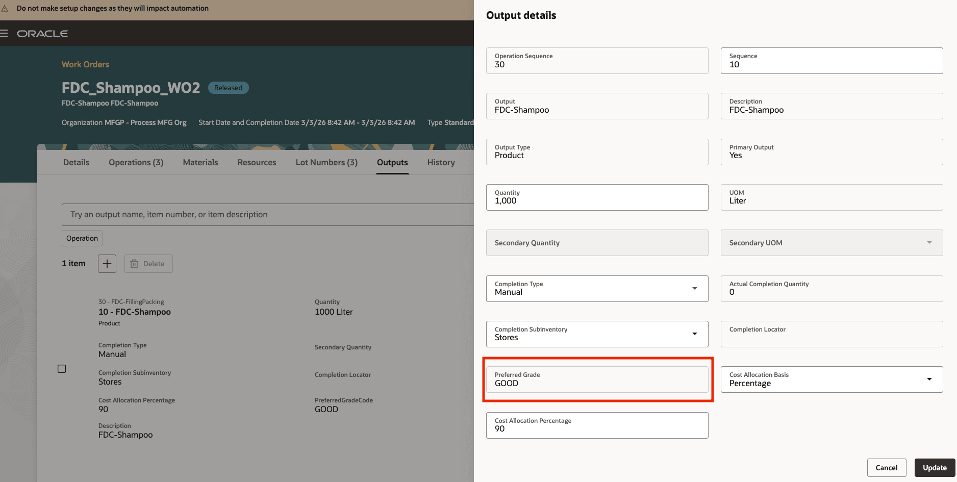 Review Work Order or Batch Output Lines Before Completion