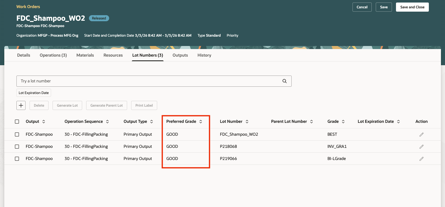 Review Preassigned Lots Used During Work Order or Batch Completion