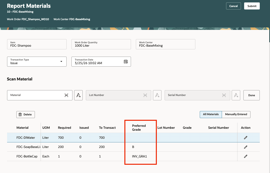 Use Preferred Grade Guidance When Reporting Material in Production Execution