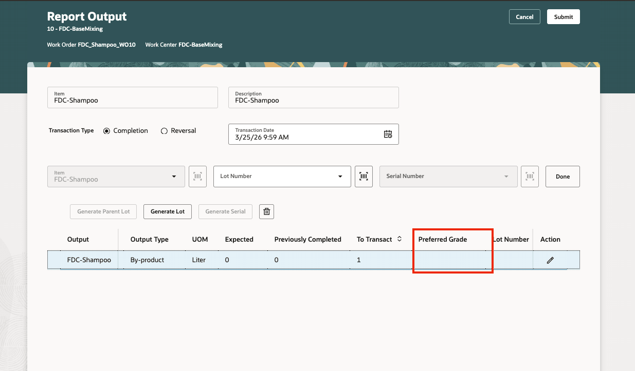 Use Preferred Grade Guidance When Reporting Output In Production Execution