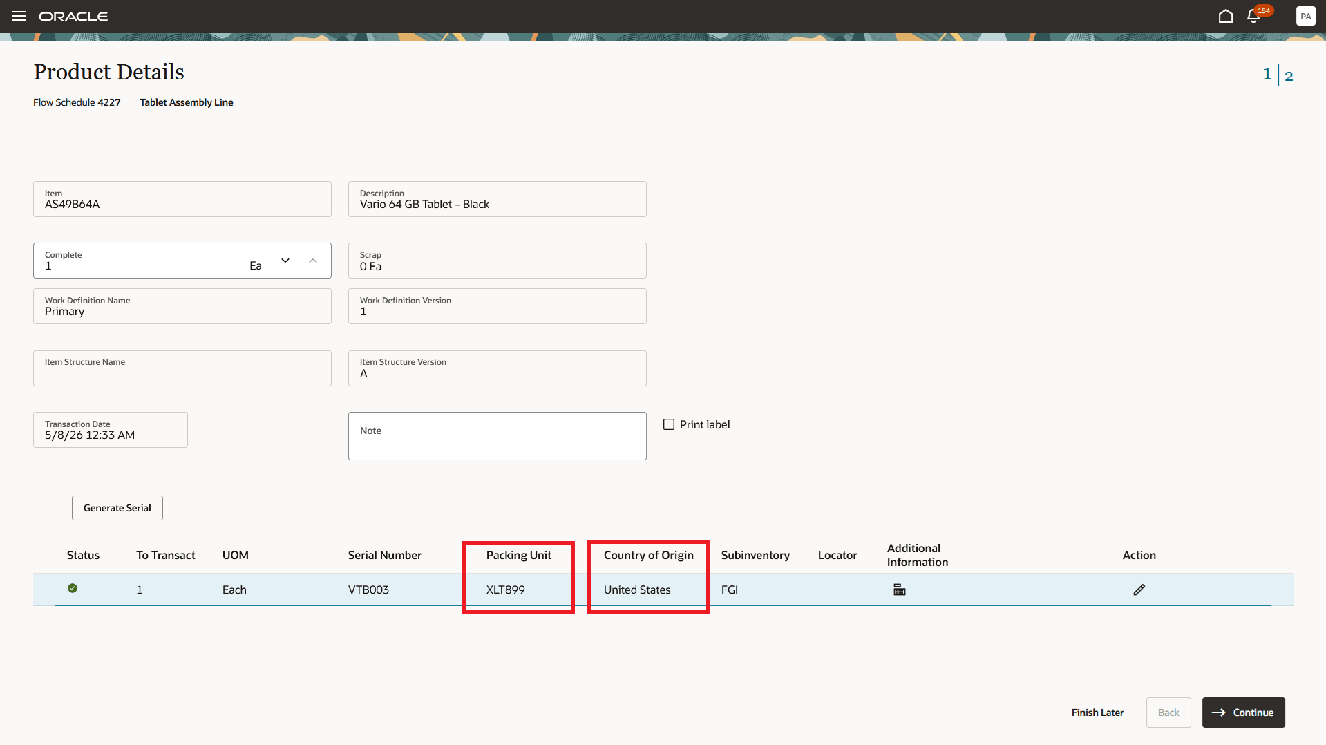 Enter Packing Unit and Country of Origin while Reporting Flow Schedule Completion