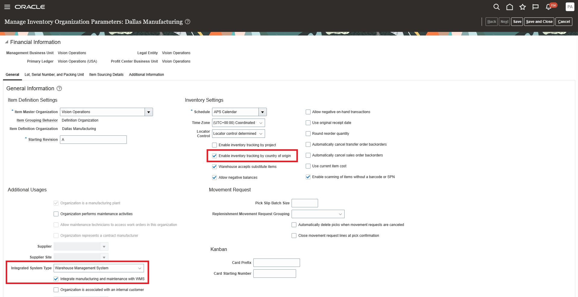 Enable Plant Parameters for COO Tracking and WMS Integration