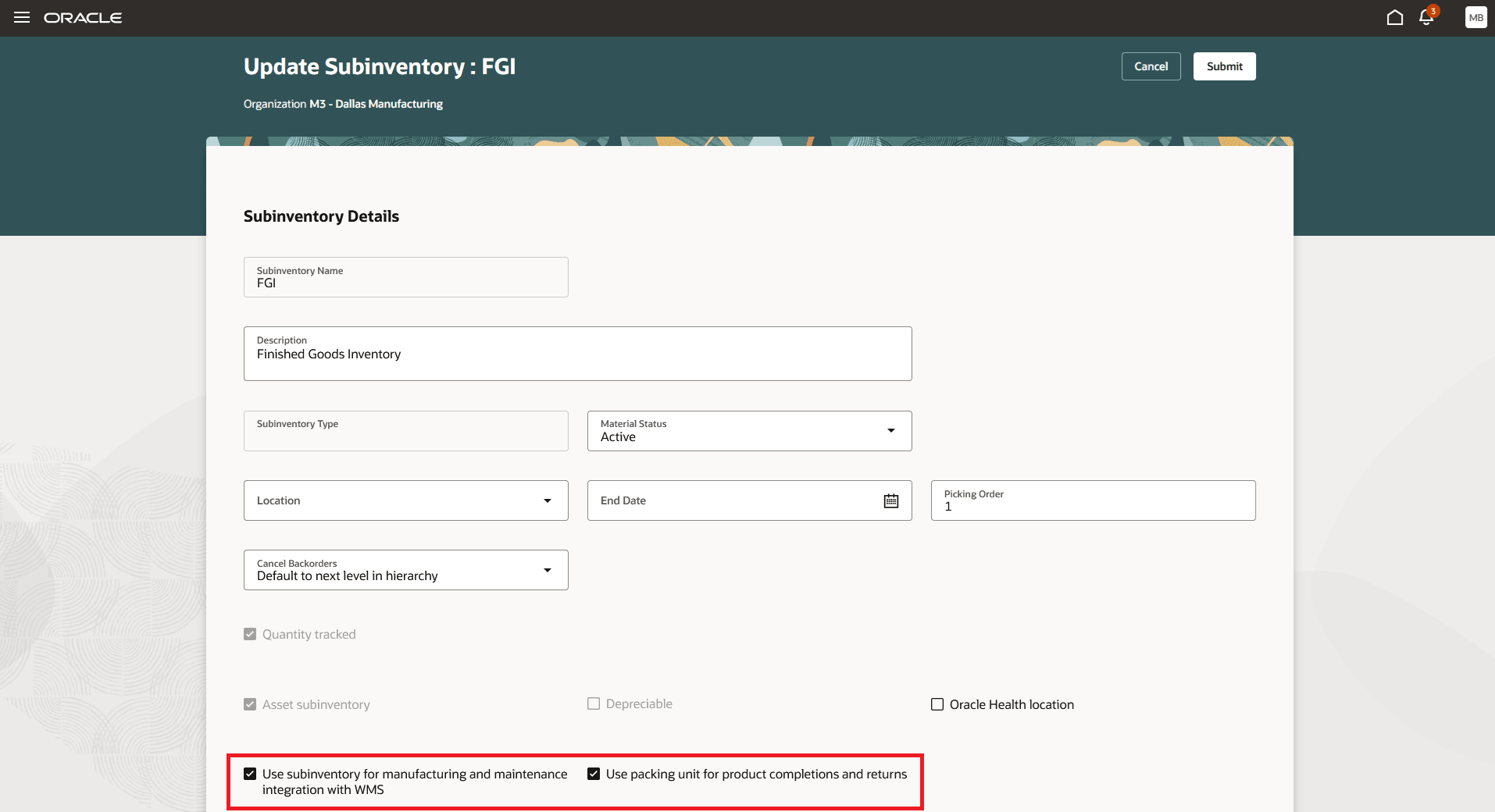 Enable Subinventory Attributes for WMS Integration