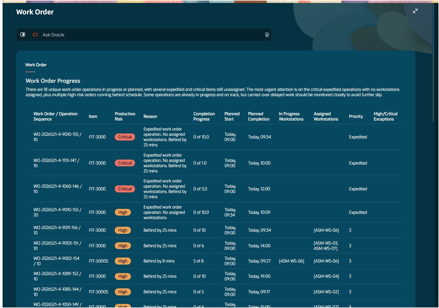 Work Order Advisor - expanded view