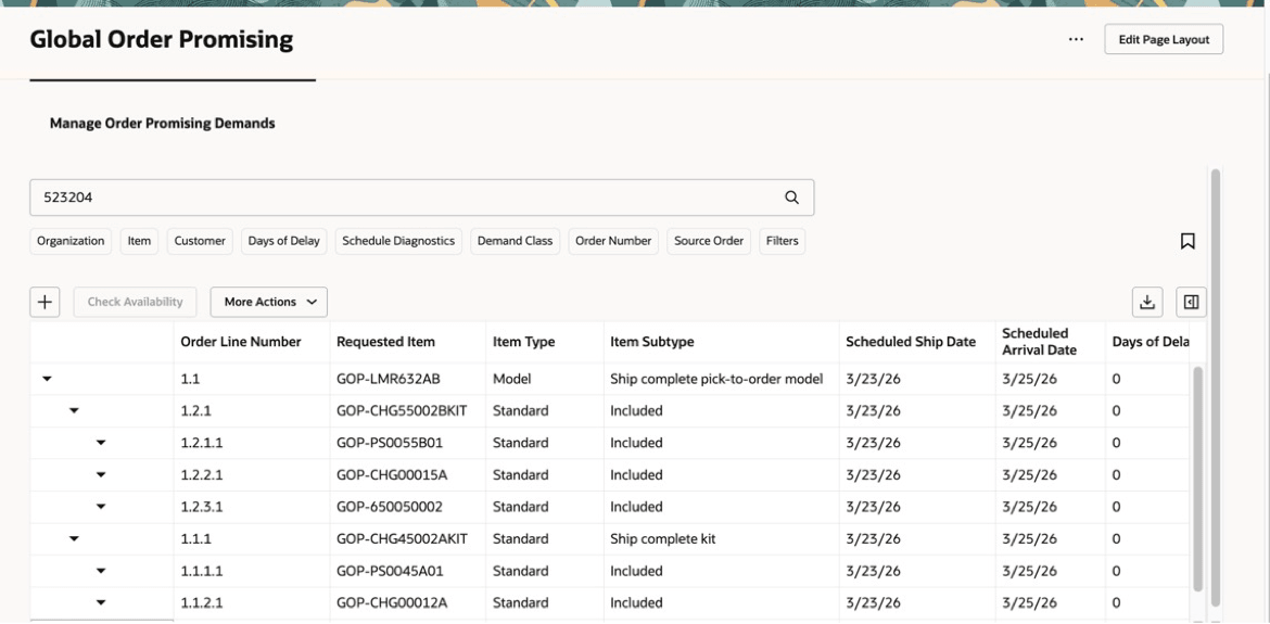 Manage Order Promising Demands Page With PTO Kit Within a PTO Model