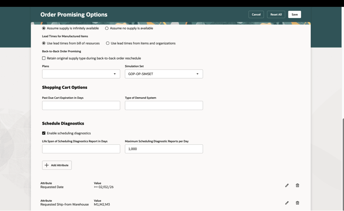 Scheduling Diagnostics Configuration in Order Promising Options Page