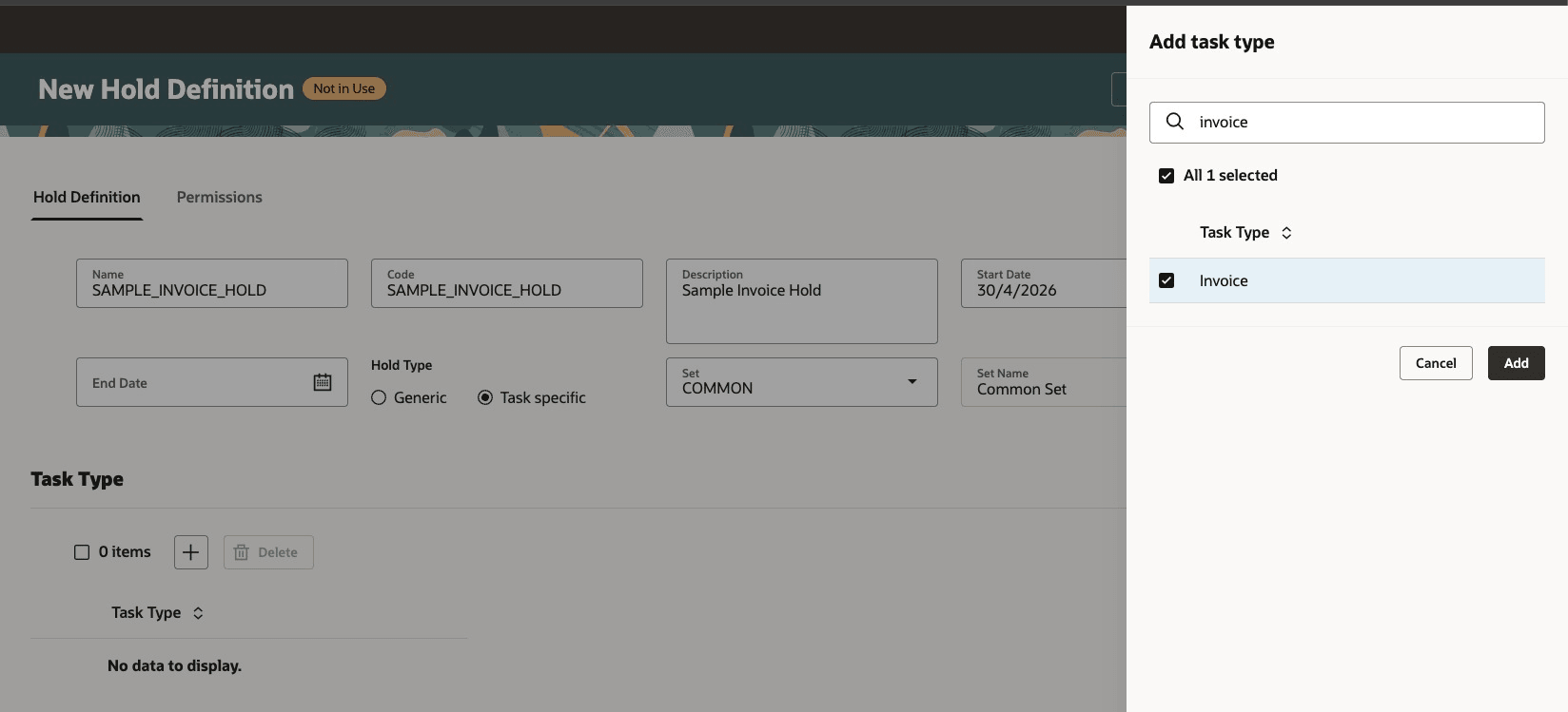 Create hold for specific task type