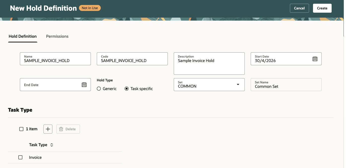 Create hold with specific task type selected.