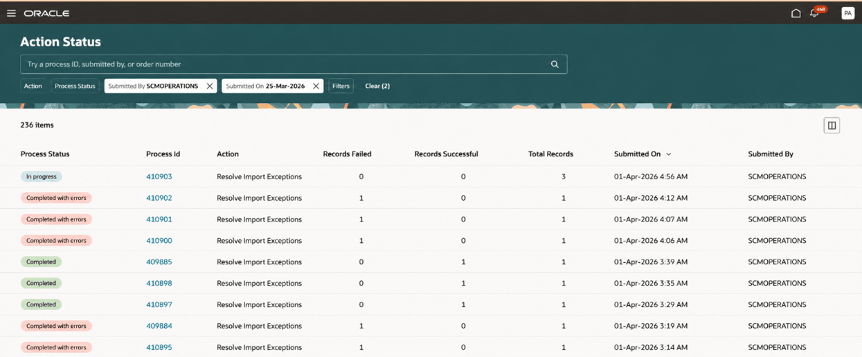 Action status error result after processing