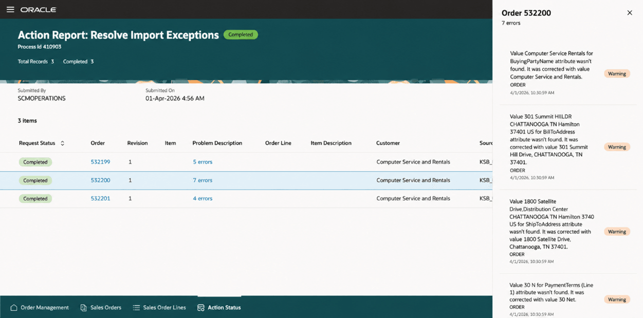 Action report showing the customer name corrected by the agent.