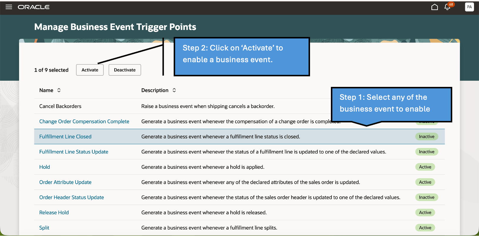 Redwood Business Events Setup page