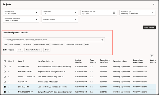 Search field for line-level project details