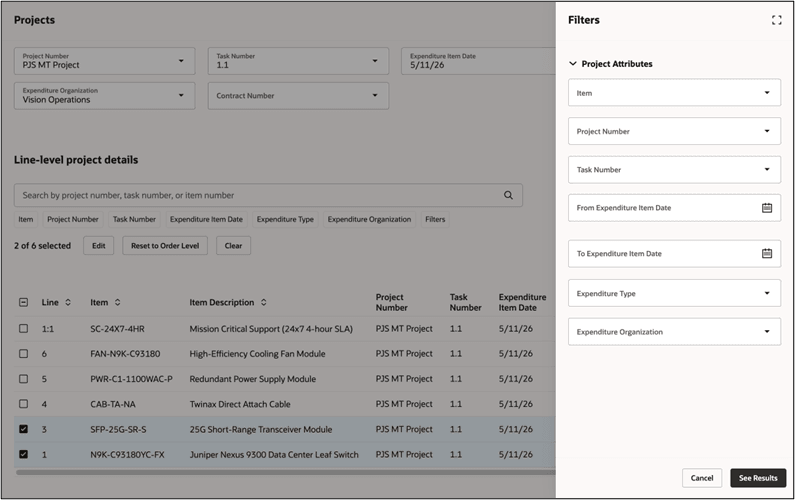 Line-level details drawer showing the editable attributes