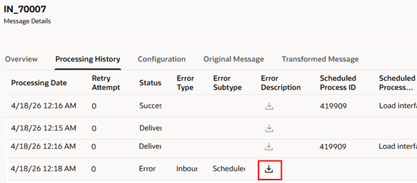 Processing History > Error Description